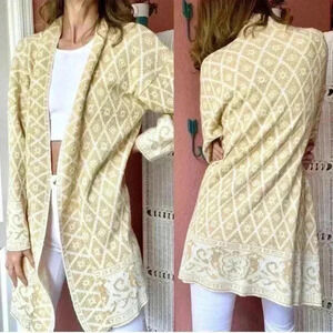 Vintage Bentley Gold Diamond Pattern Open Front Cardigan Sweater Womens Large XL